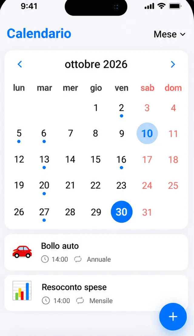 Vista calendario mensile con le scadenze del giorno selezionato