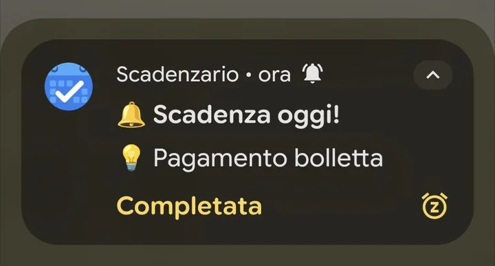 Notifica di Scadenzario con l’azione Completata e il pulsante per posticipare