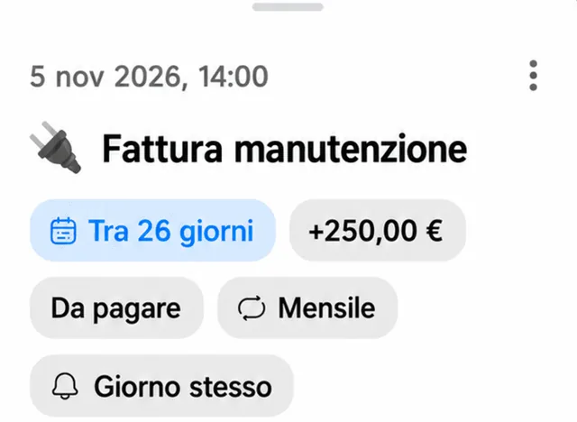 Dettaglio di una scadenza: giorni mancanti, importo, da pagare, ricorrenza e promemoria