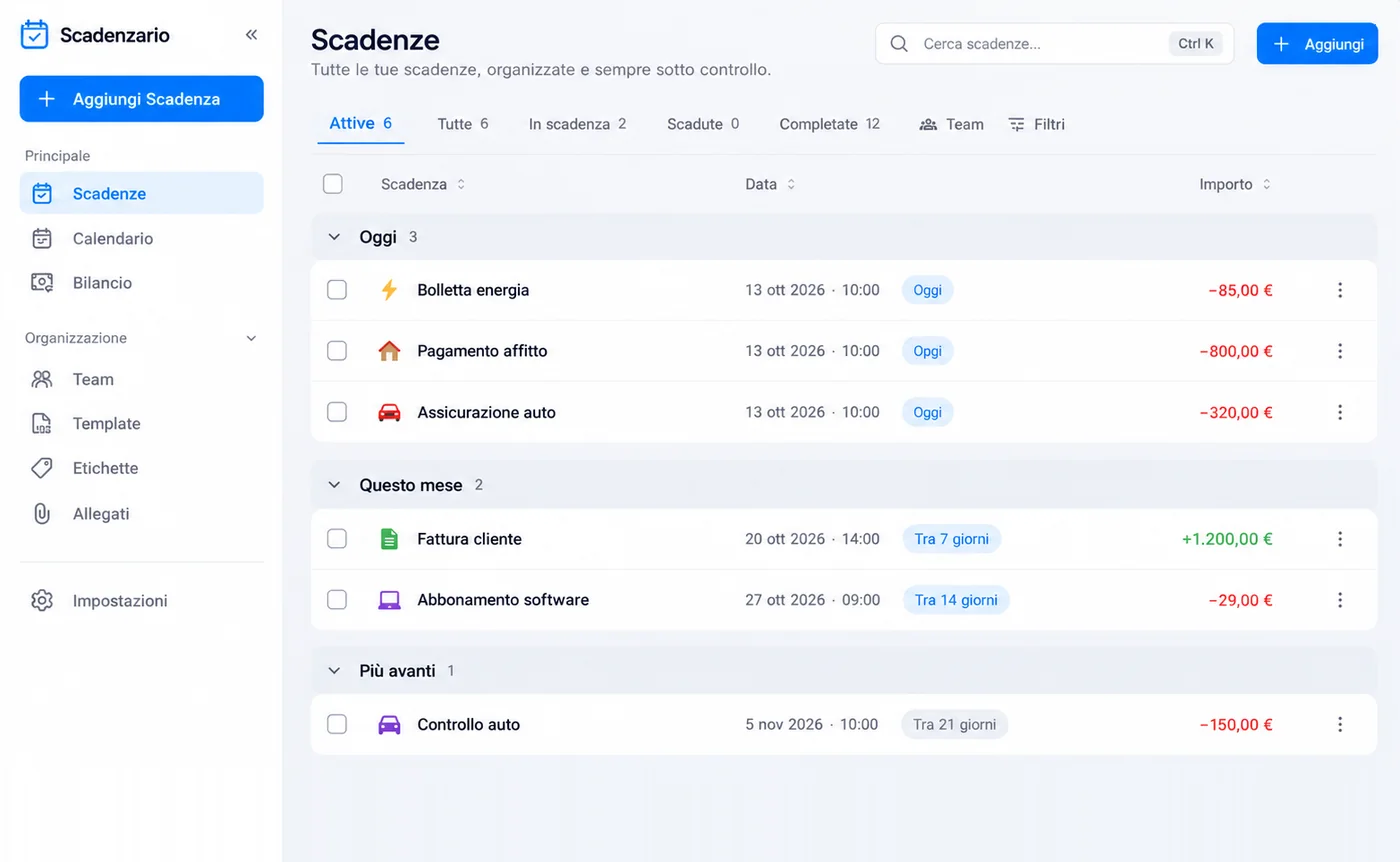 Scadenzario web app with today's, this month's and upcoming deadlines