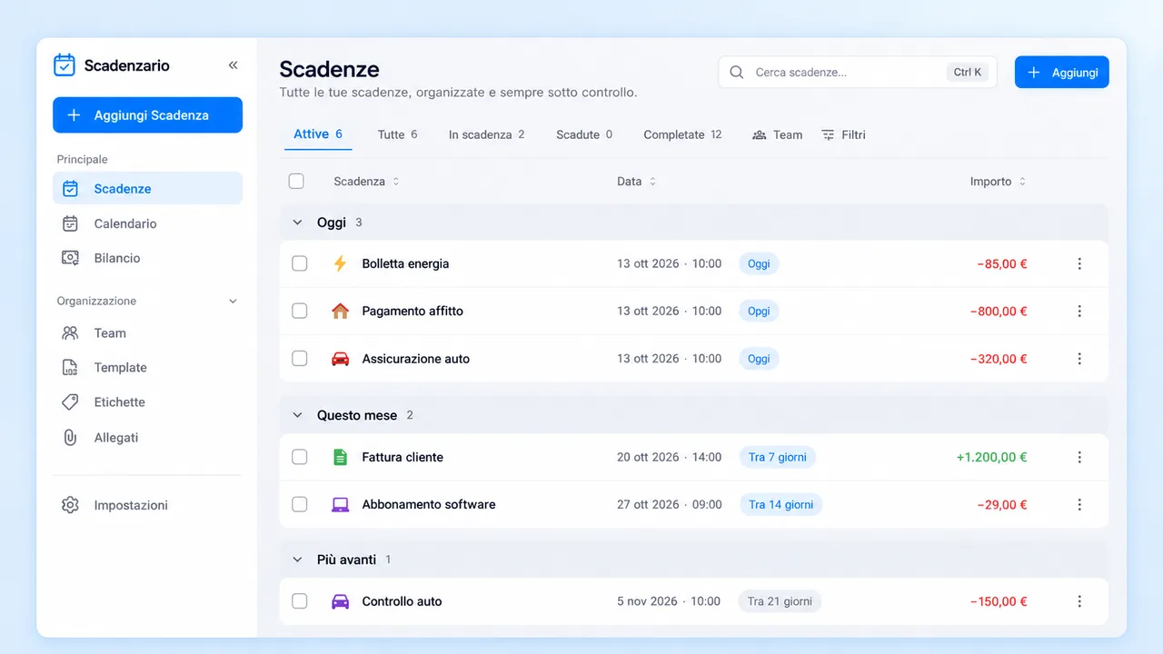 Web app di Scadenzario su computer con l’elenco delle scadenze per oggi, questo mese e più avanti