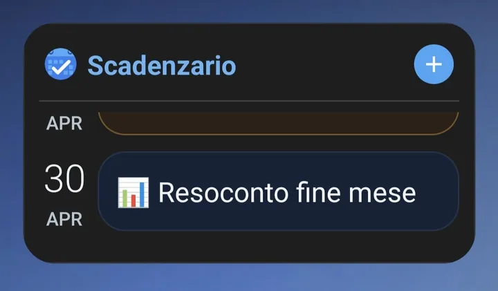 Widget di Scadenzario nella schermata Home con la prossima scadenza