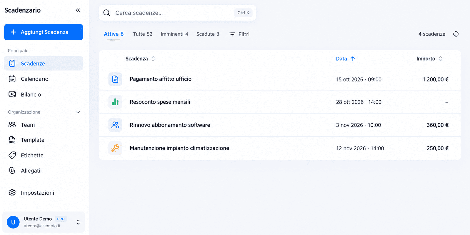 Interfaccia desktop di Scadenzario